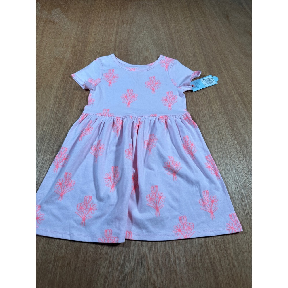 Cat & Jack Dress Toddler 4T Pink Neon Floral Short Sleeve Knit Casual Summer
